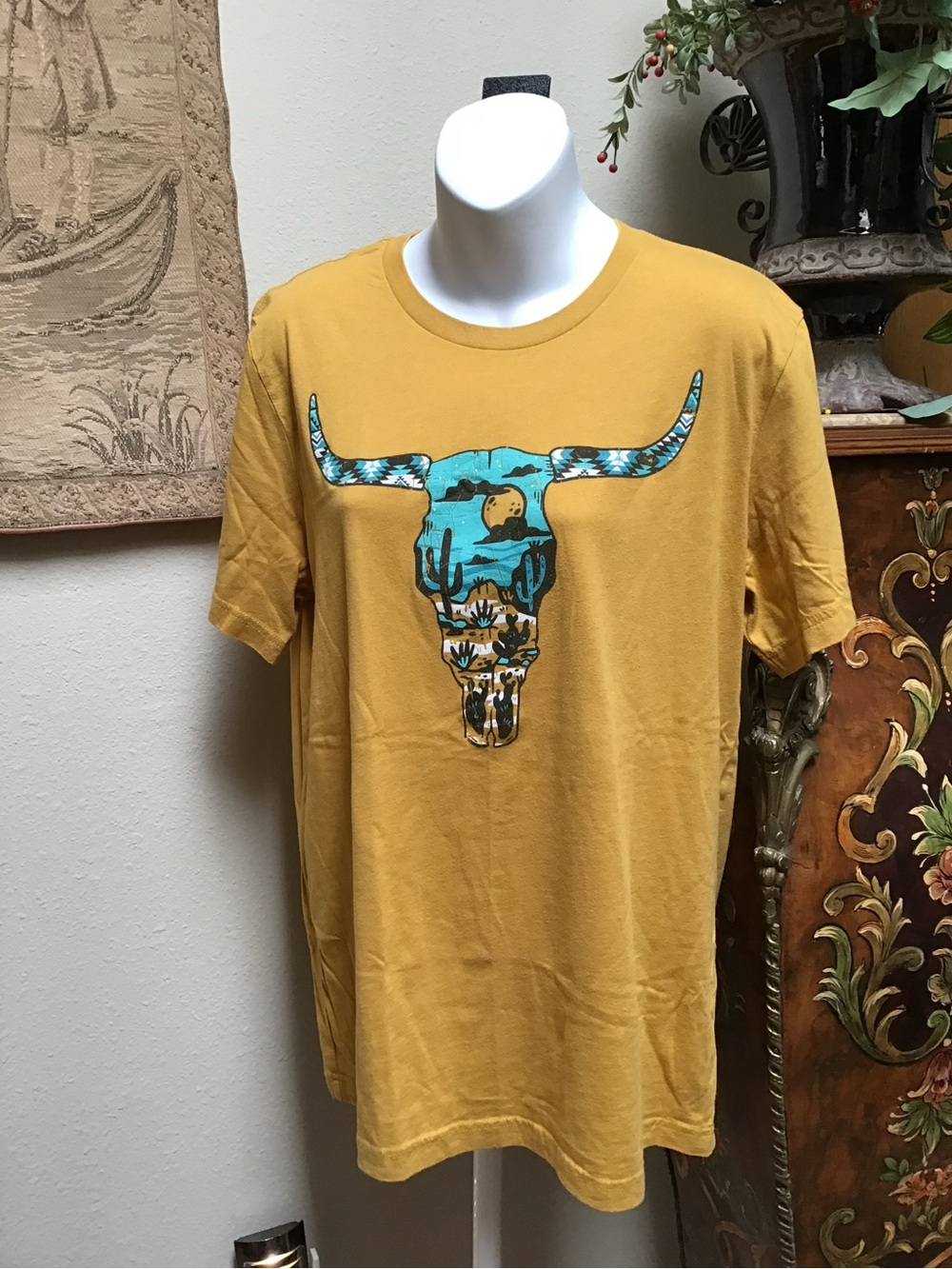 Mustard Short-Sleeve Tee with Southwestern Bull Skull Graphic